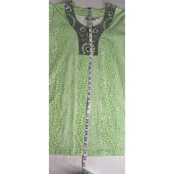 Quacker Factory Large Green White Tunic Silver Sequined Trim At Neck - Picture 9 of 11